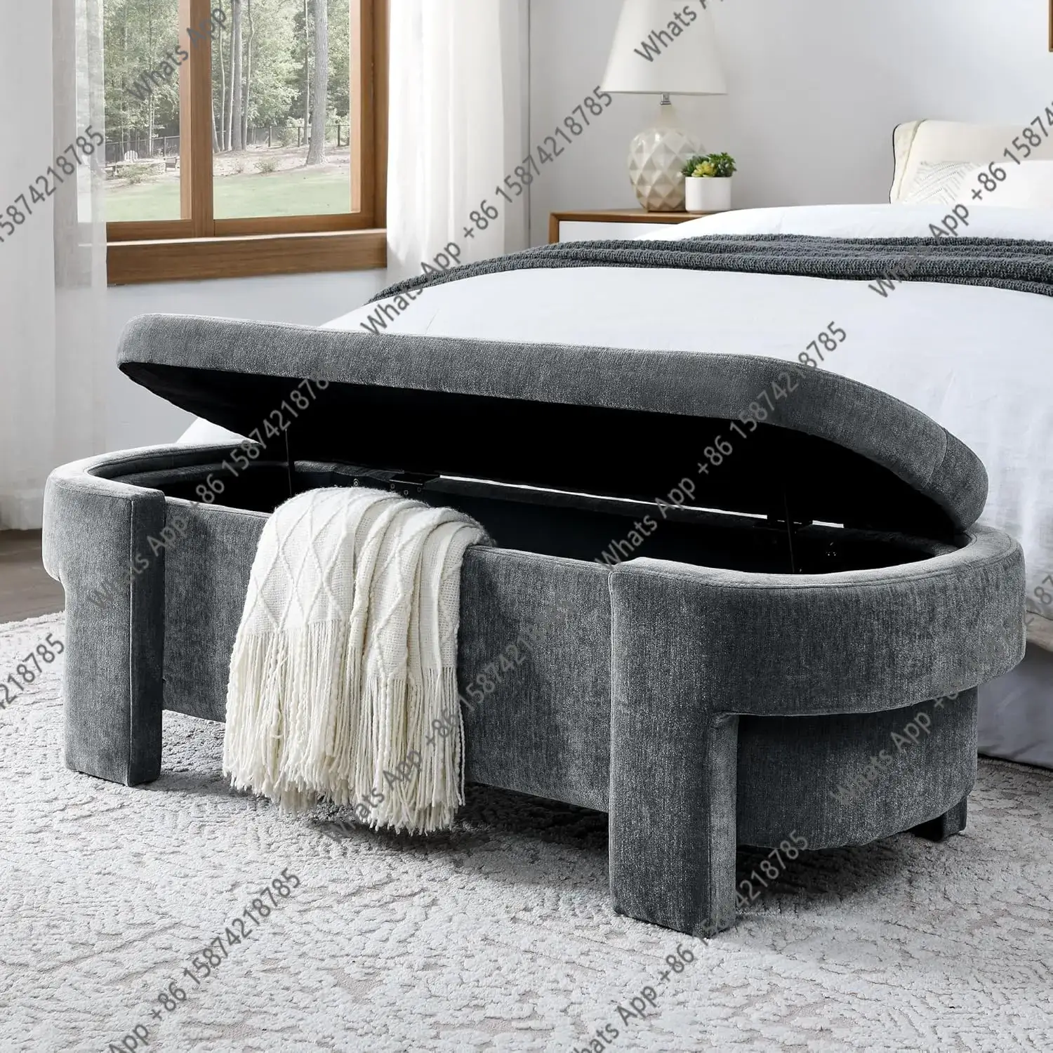 Bedroom Furniture - Panca contenitore ovale in lino imbottita