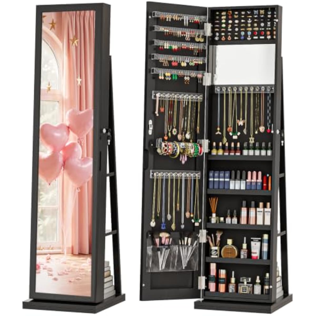 Full Length Mirror Jewelry Armoire - Elegante Armadio Portagioie Nero con Specchio