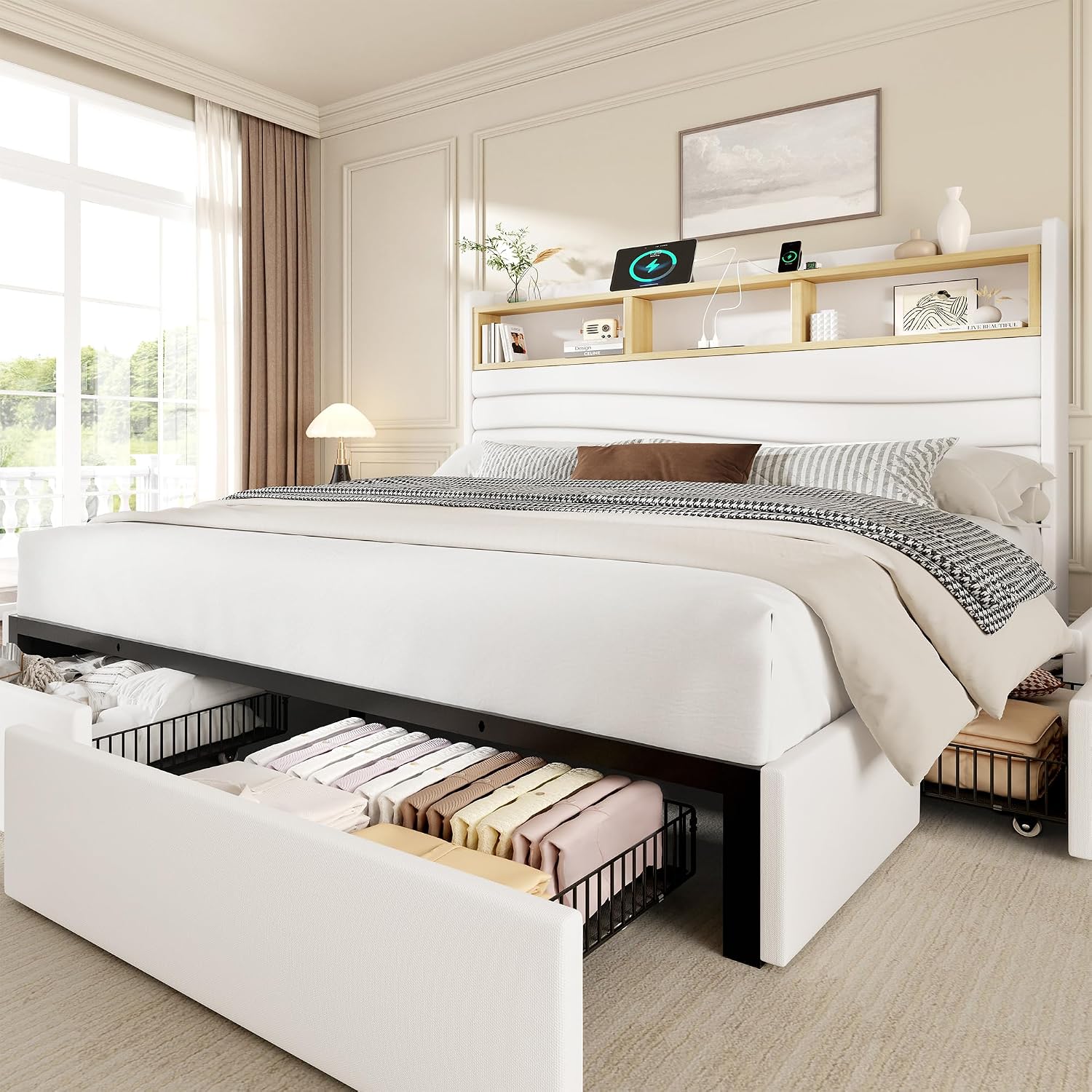 King Size Bed Frame With Storage Drawers - Letto King Size con 6 Cassetti