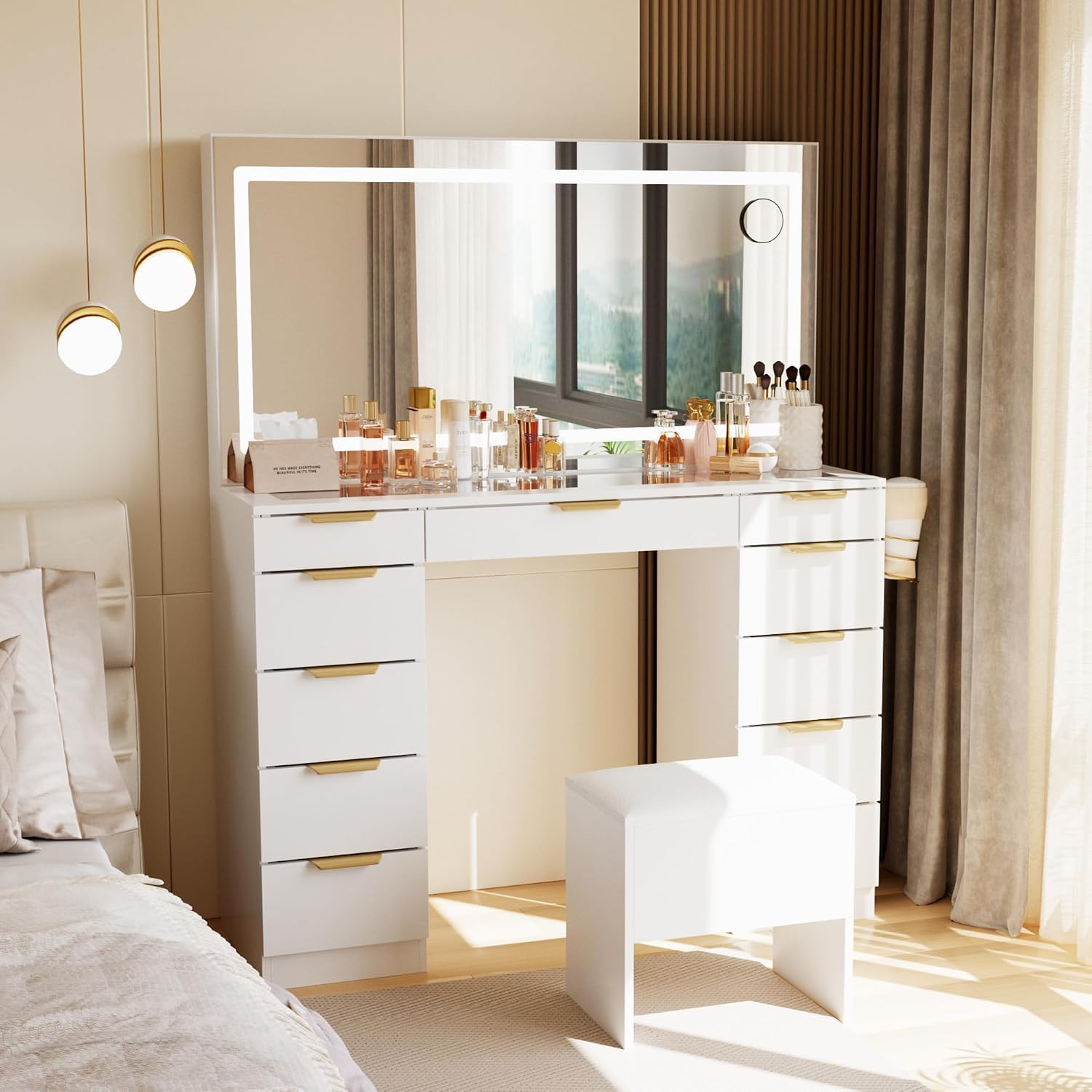 Dressing Table Vanity With Lighted Mirror - Toeletta con piano in vetro, specchio