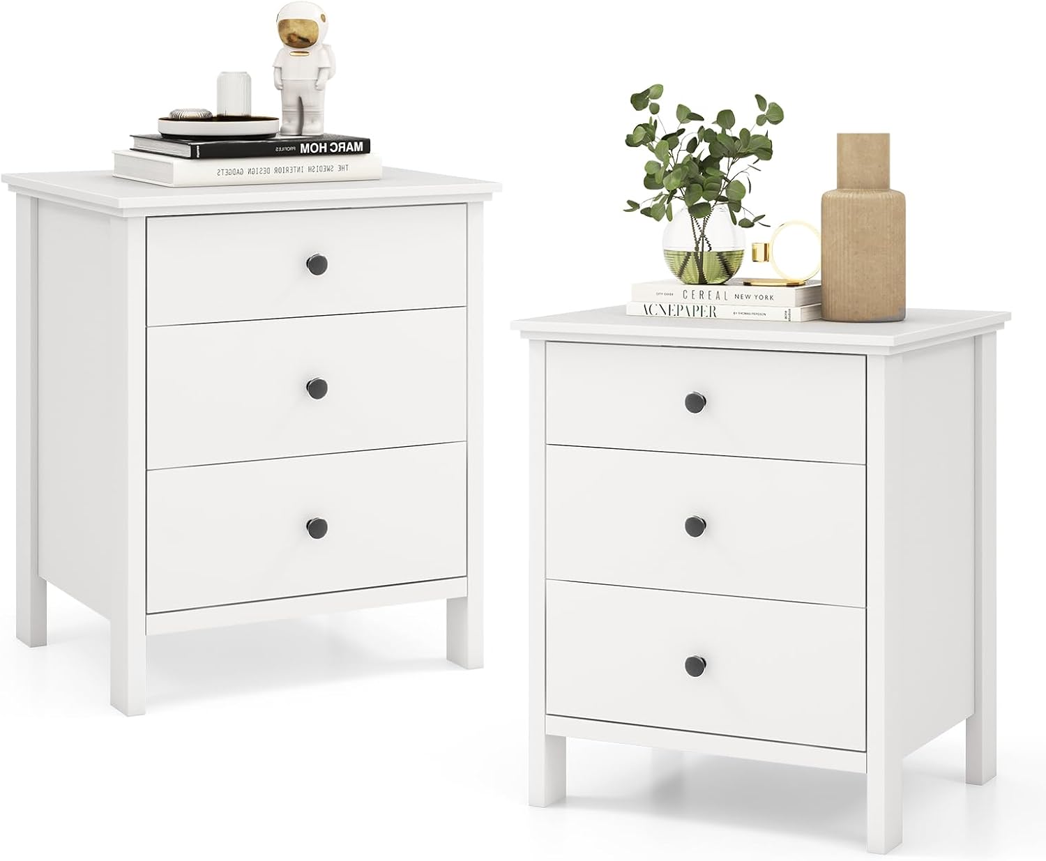 Solid Wood Nightstand 2 Drawers - Comodino con 3 cassetti, set da