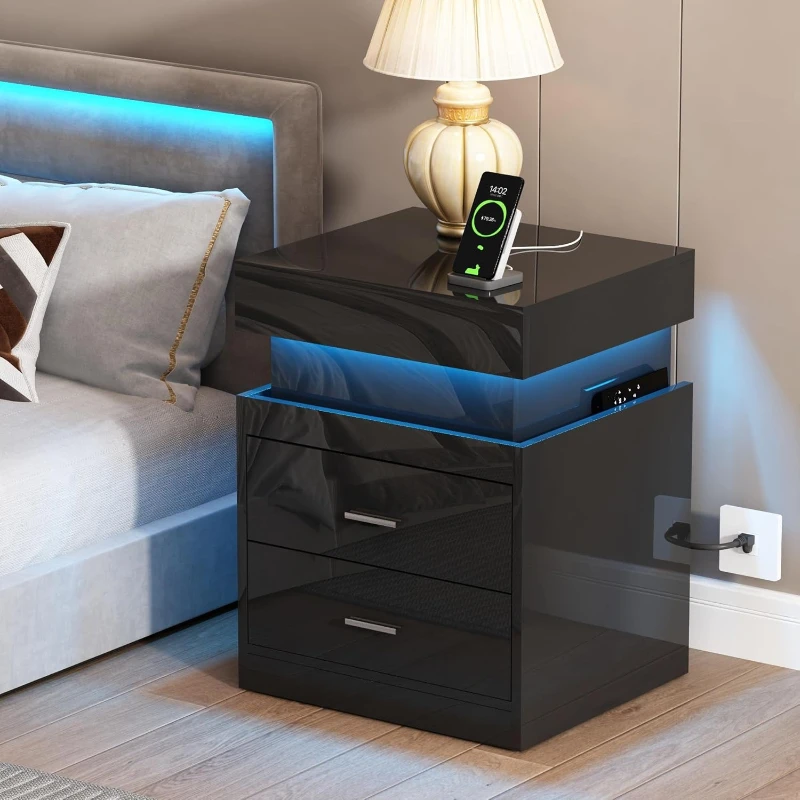 Solid Wood Nightstand 2 Drawers - Comodino LED con Stazione di Ricarica,
