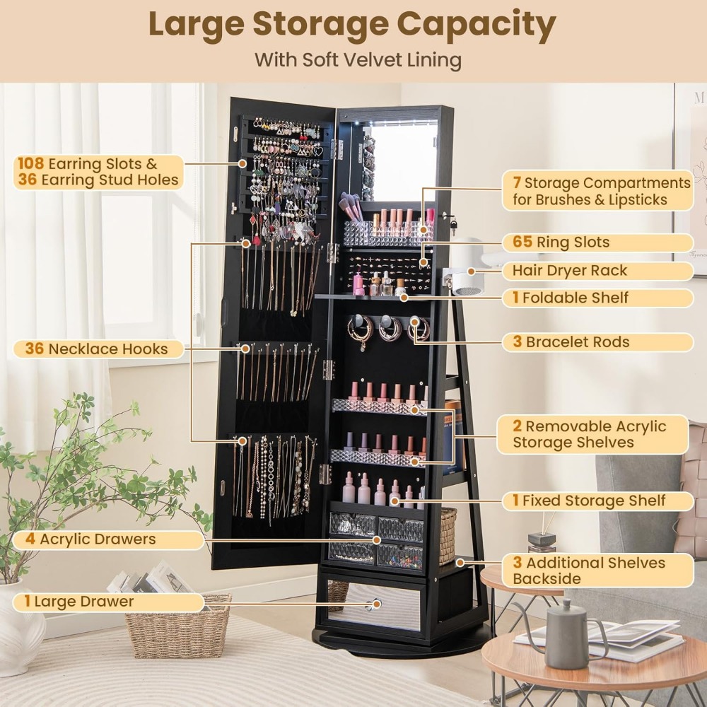 360 °   Armadietto per gioiell - Full Length Mirror Jewelry Armoire recensione e prezzo