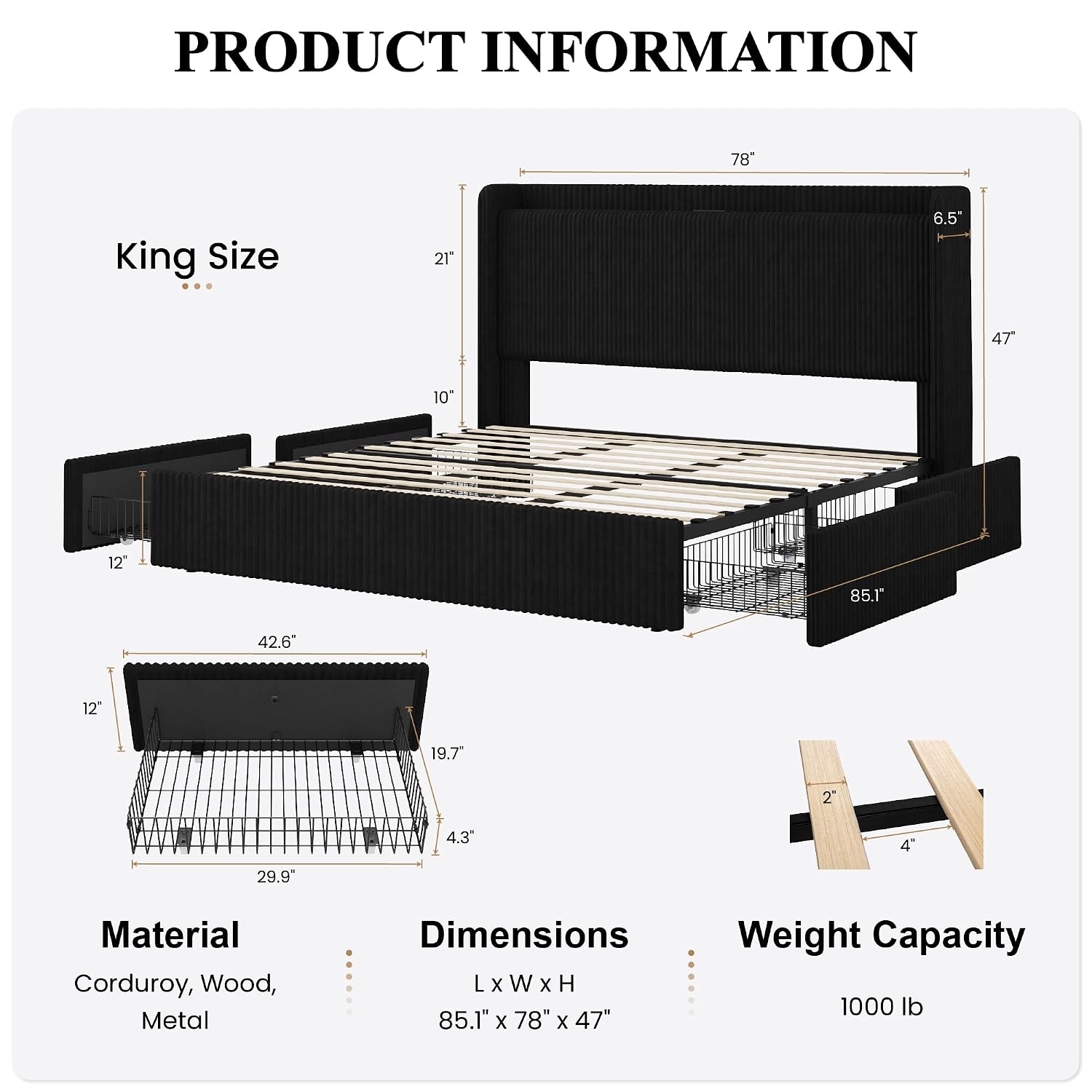 Struttura Letto King Size con  - King Size Bed Frame With Storage Drawers recensione e prezzo